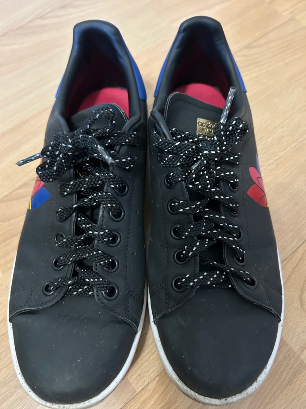 adidas Stan Smith Black Sneakers with Pink & Blue Trefoil Accents